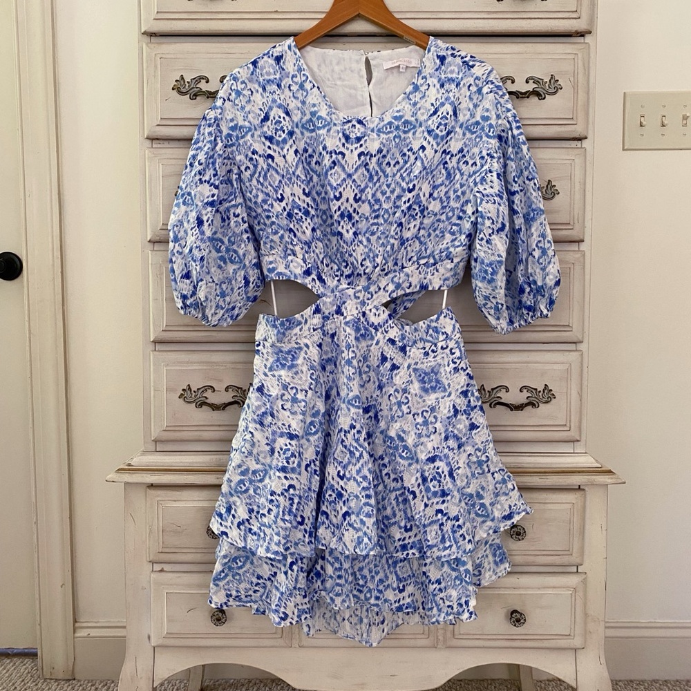 Vici Blue and White Cut-Out Mini Dress